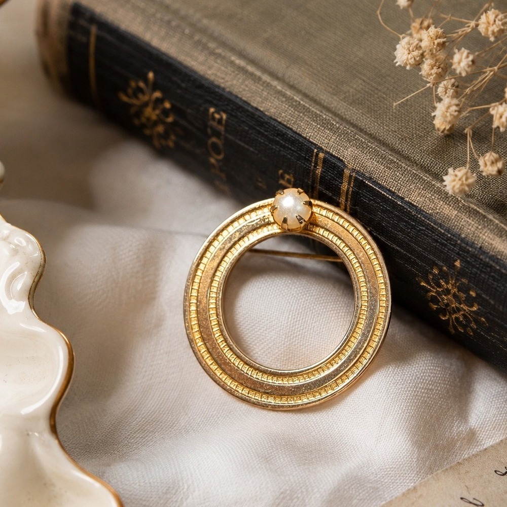 Vintage Gold Tone Textured Circle Brooch with Faux Pearl Accent Pin Pendant 60s